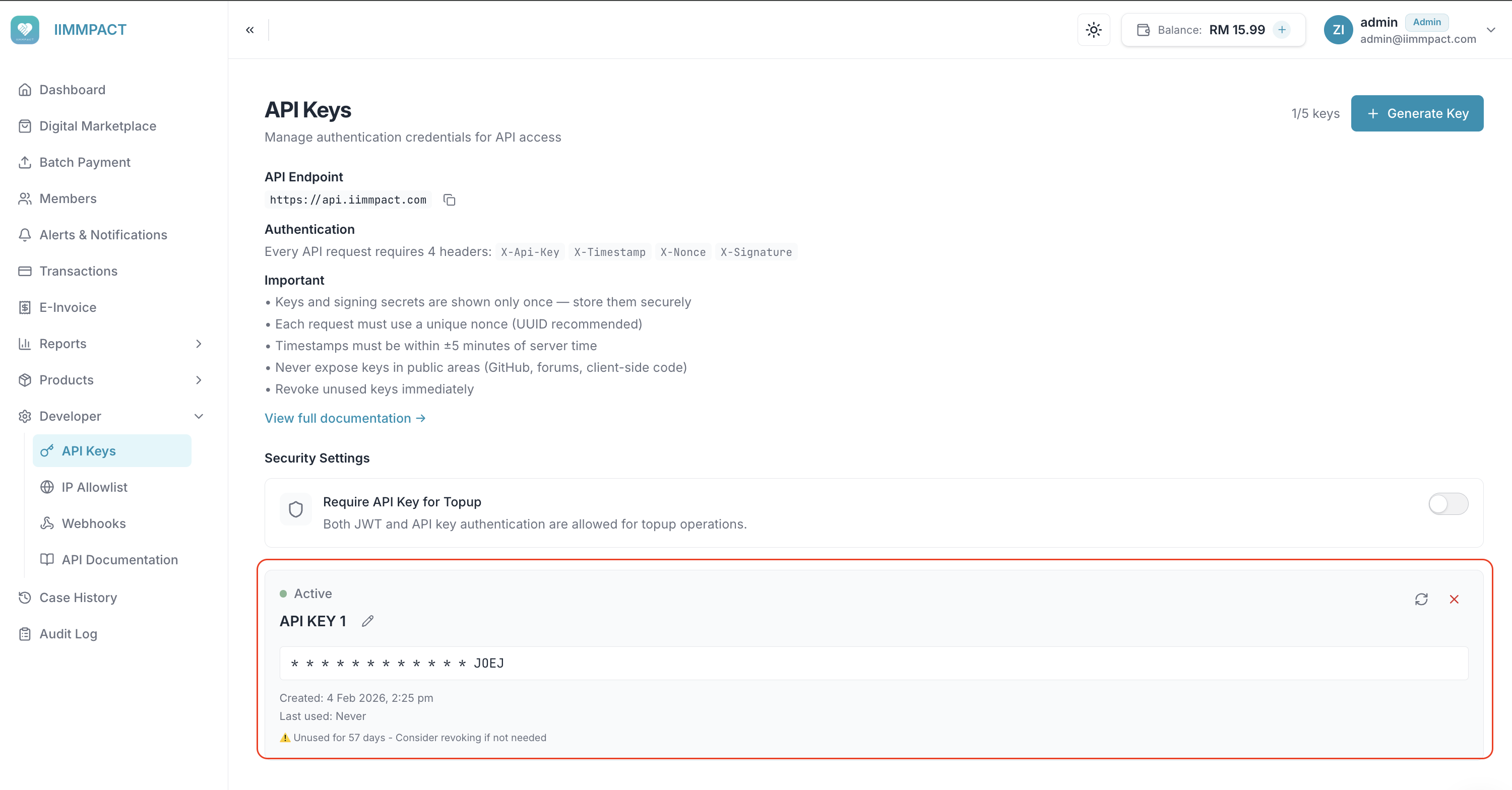 API Keys page showing key management, security settings, and an active key card