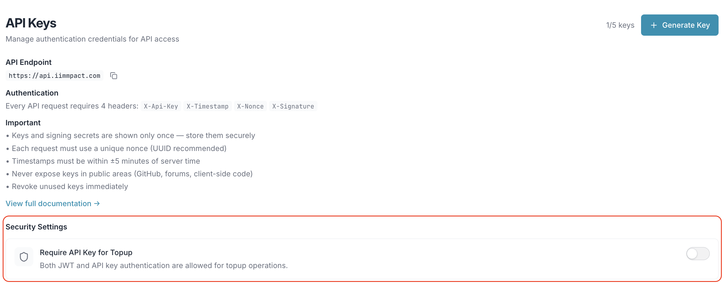 Security Settings section showing Require API Key for Topup toggle