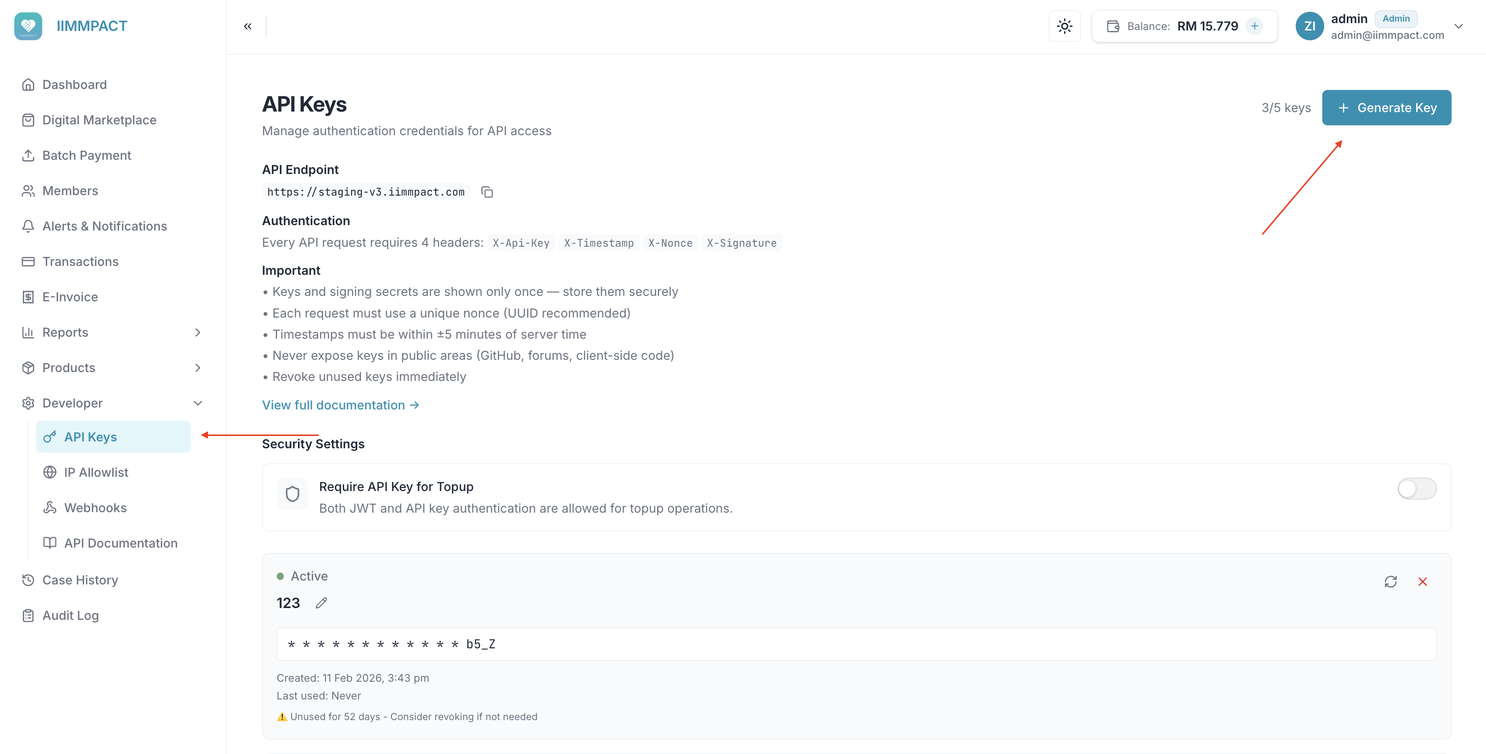 API Keys page in Dashboard