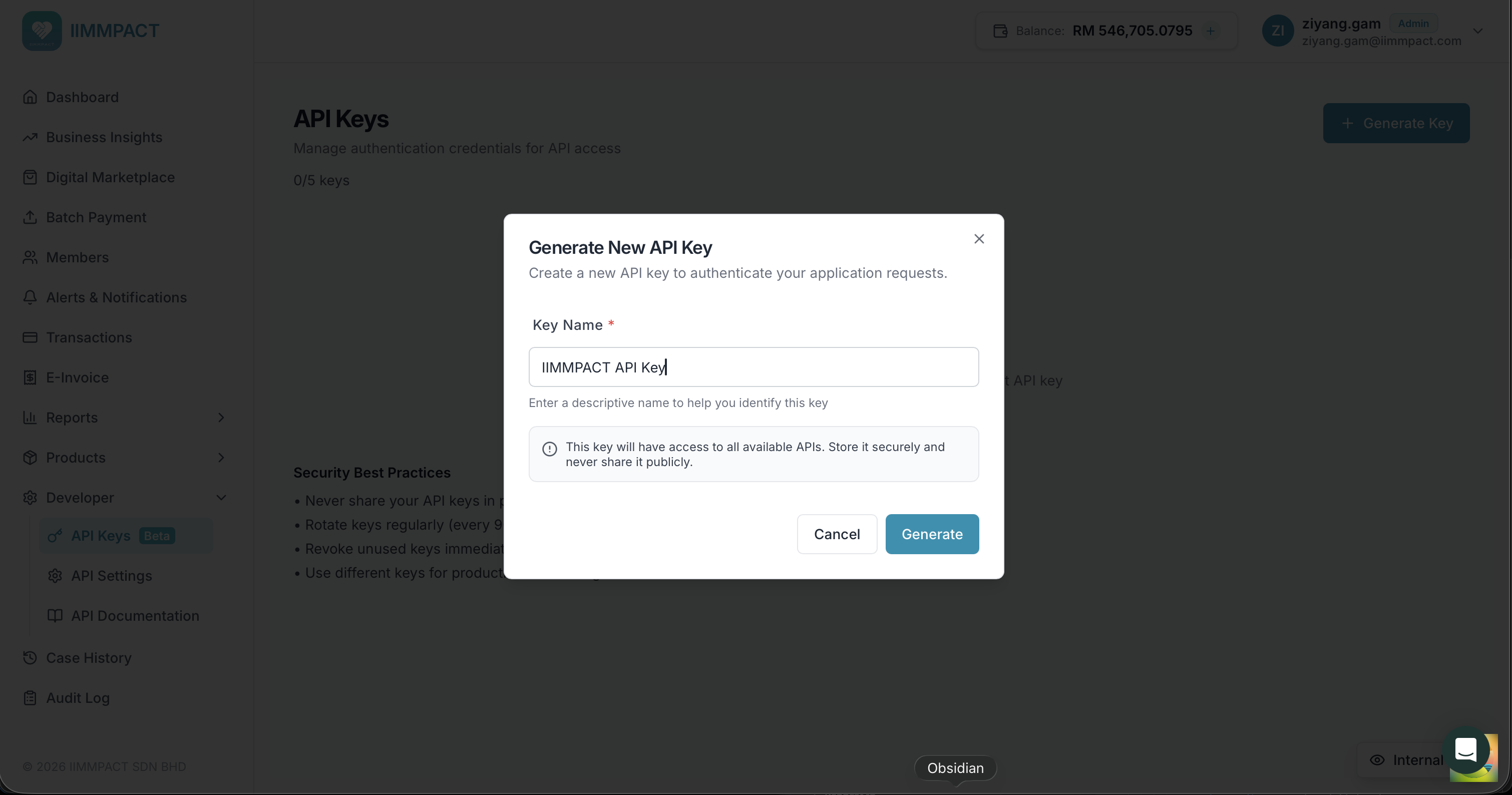 Generate Key dialog