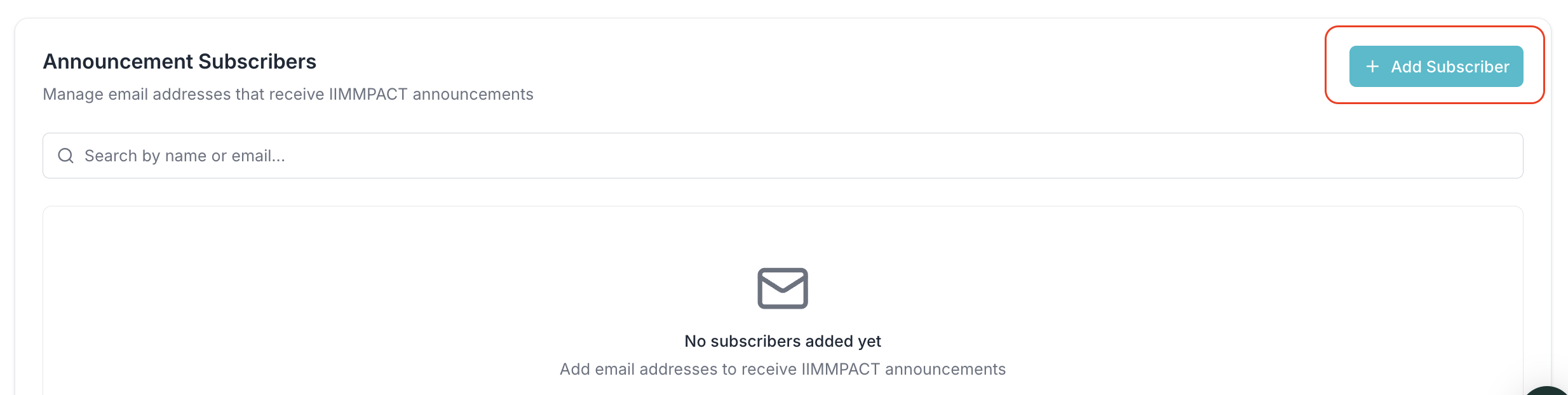 Announcement Subscribers empty state with Add Subscriber button