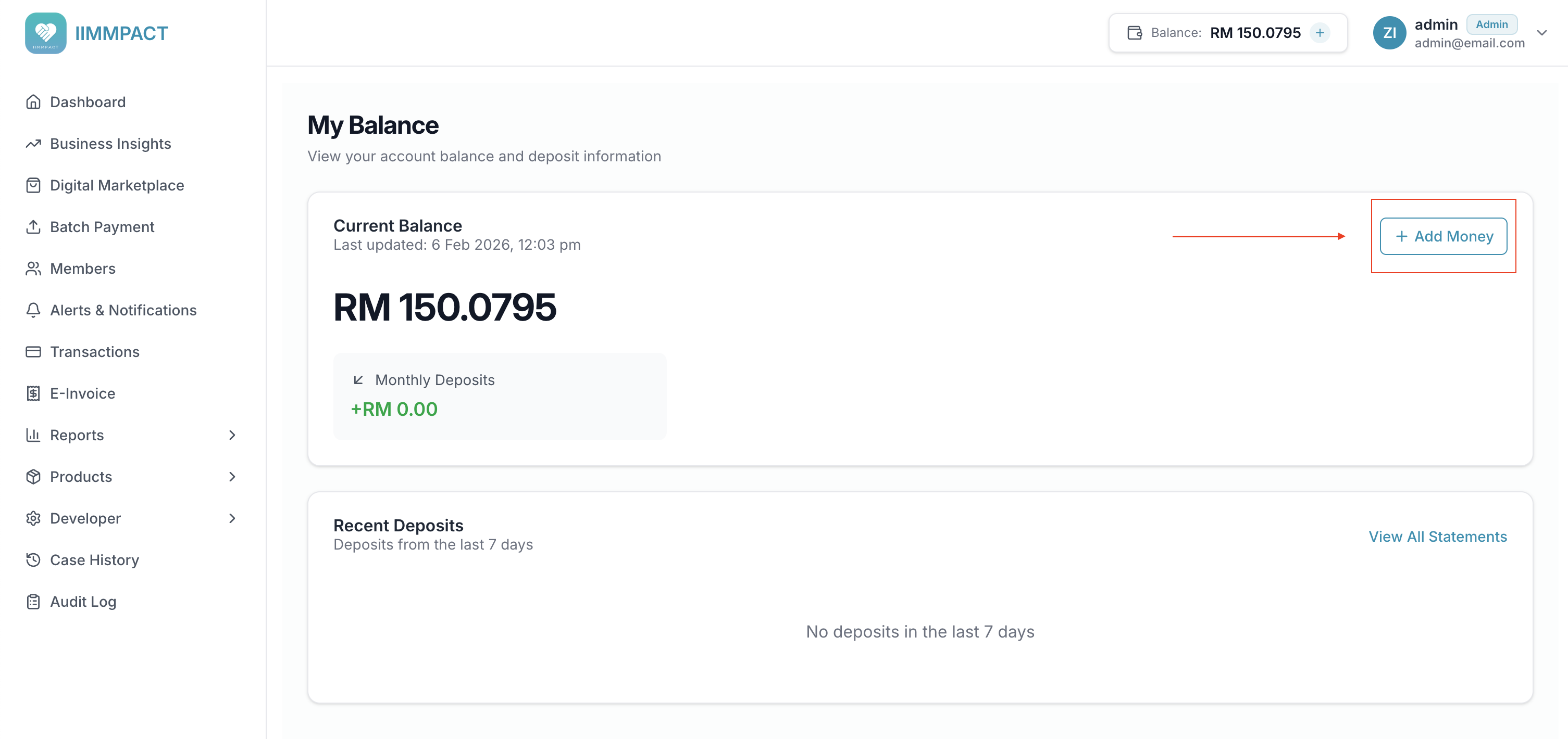 Add Money dialog showing preset amounts and custom amount input