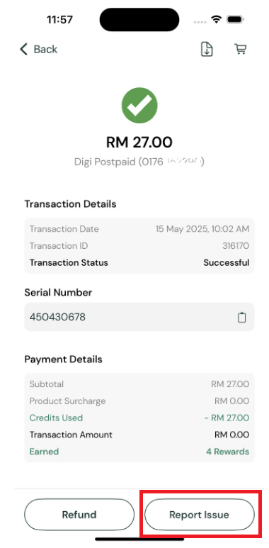 Successful transaction screen with Report Issue button highlighted