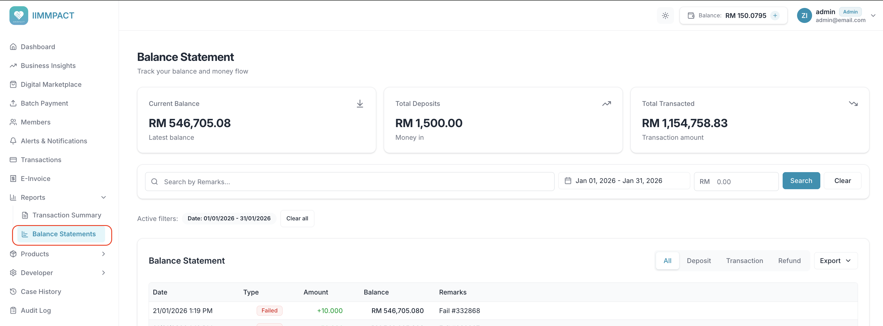 Balance Statement page showing current balance, deposits, and totals