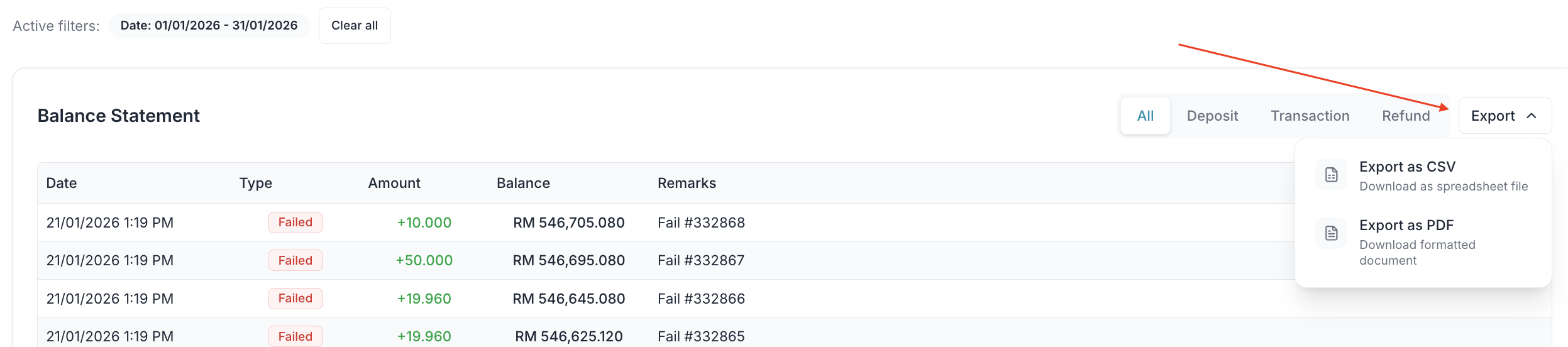 Export dropdown showing CSV and PDF download options