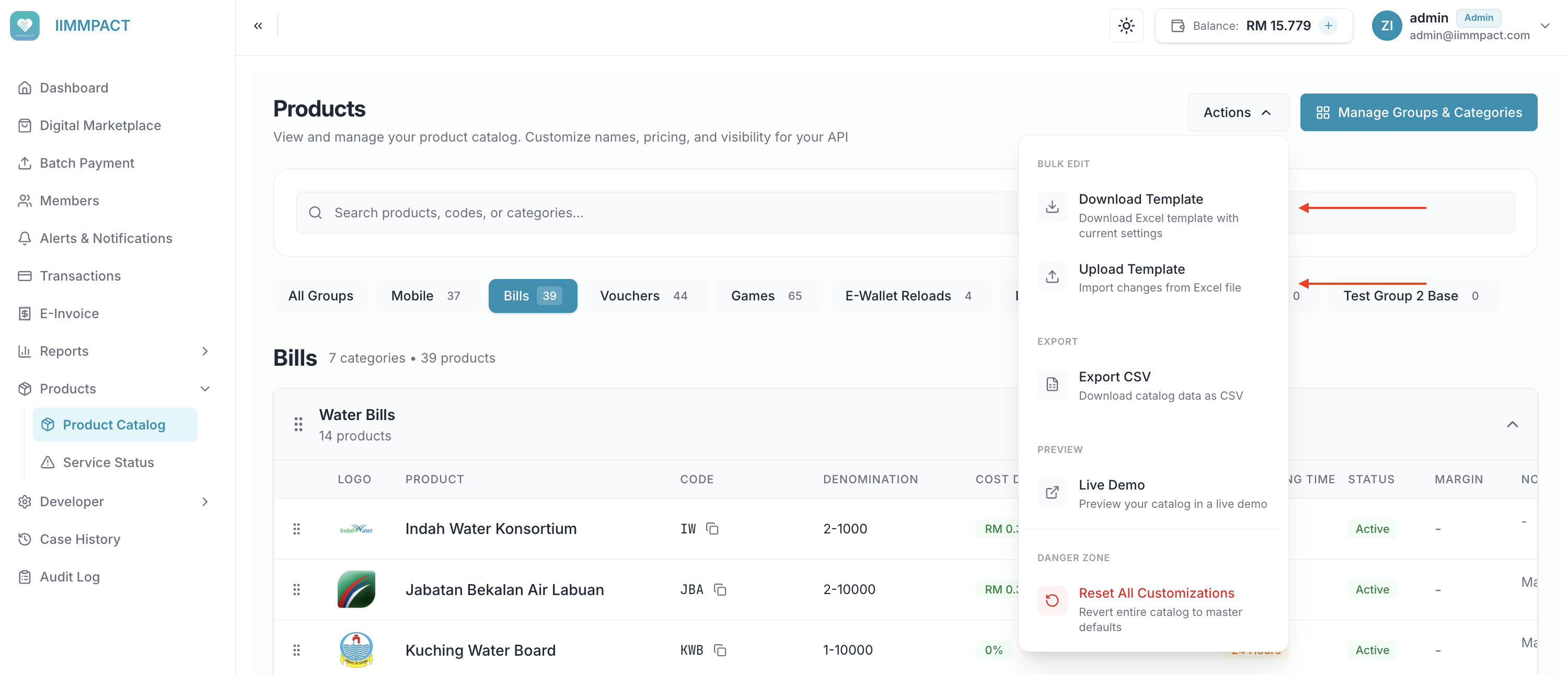 Bulk edit modal showing template download and upload options