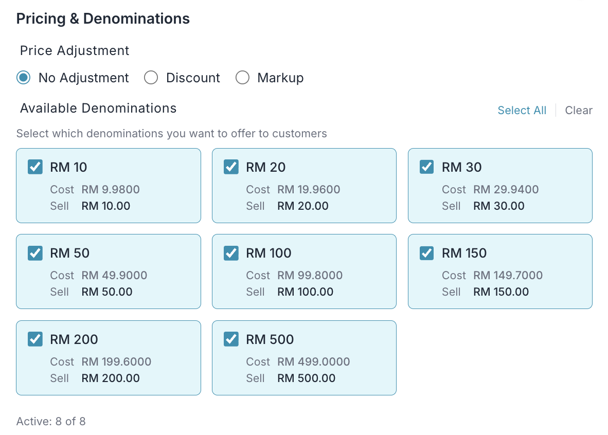 Fixed denomination checkboxes showing selectable amounts