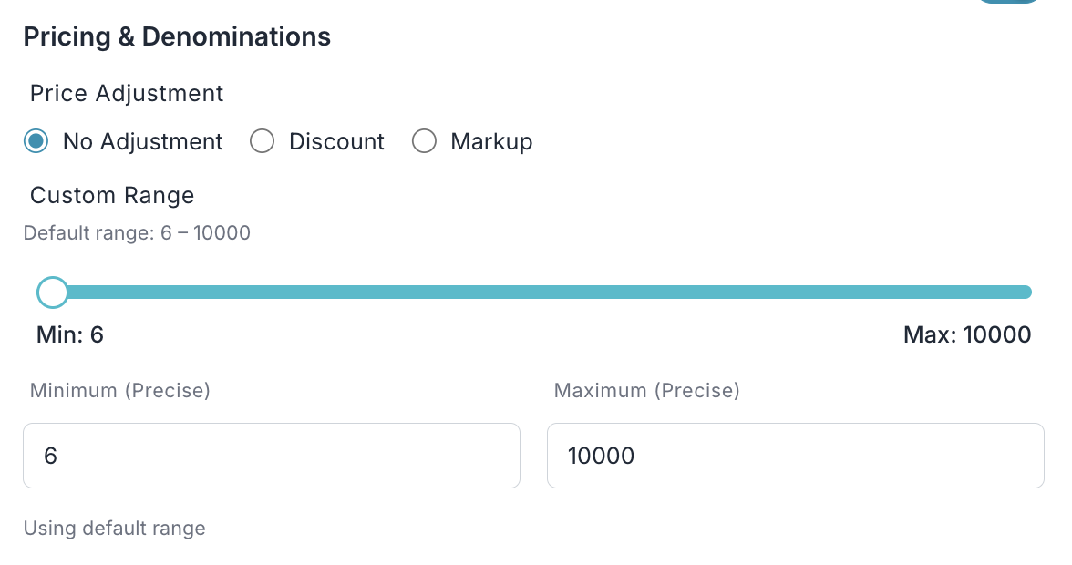 Amount range inputs for min and max values