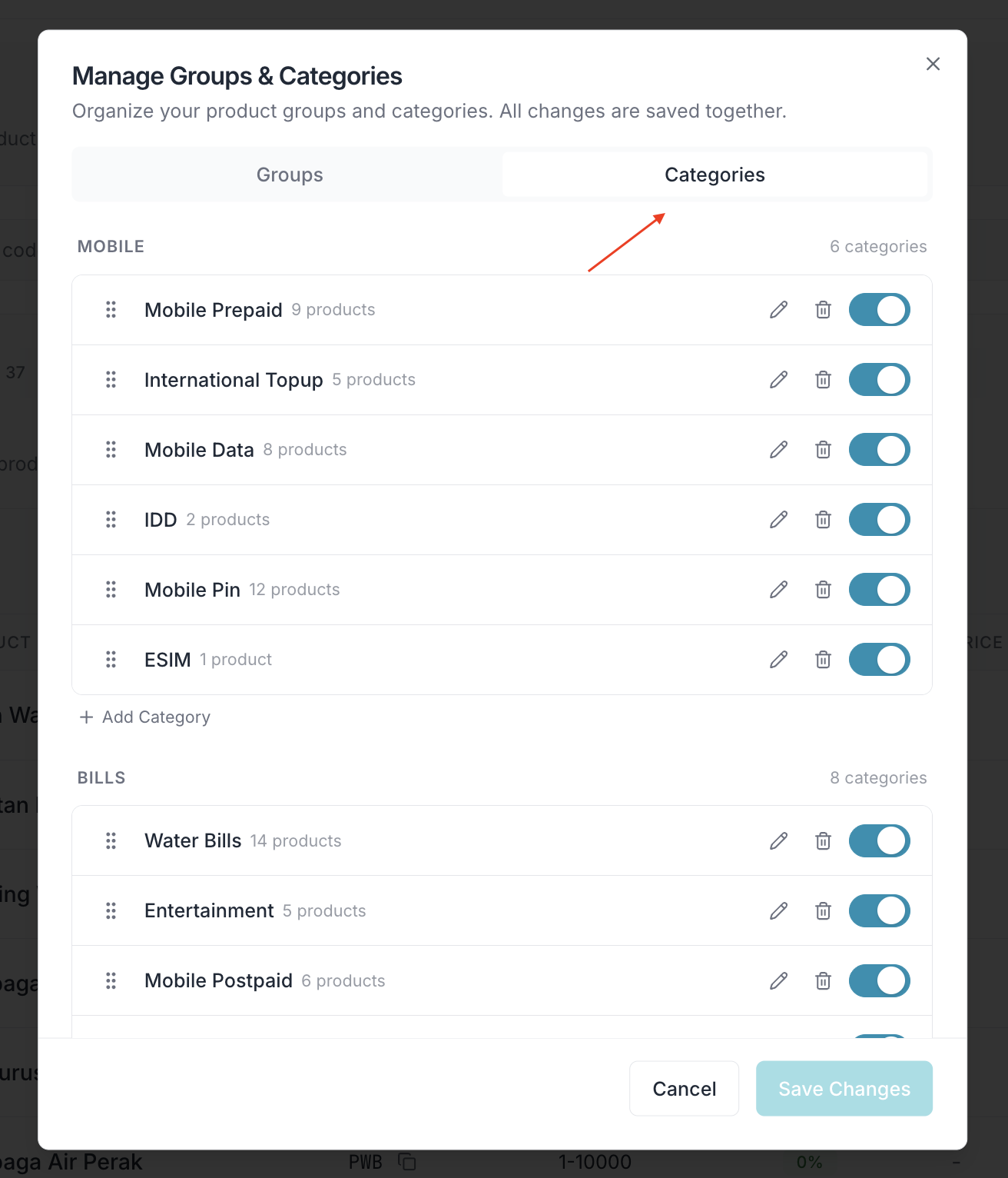 Categories within a group showing category list with assigned products