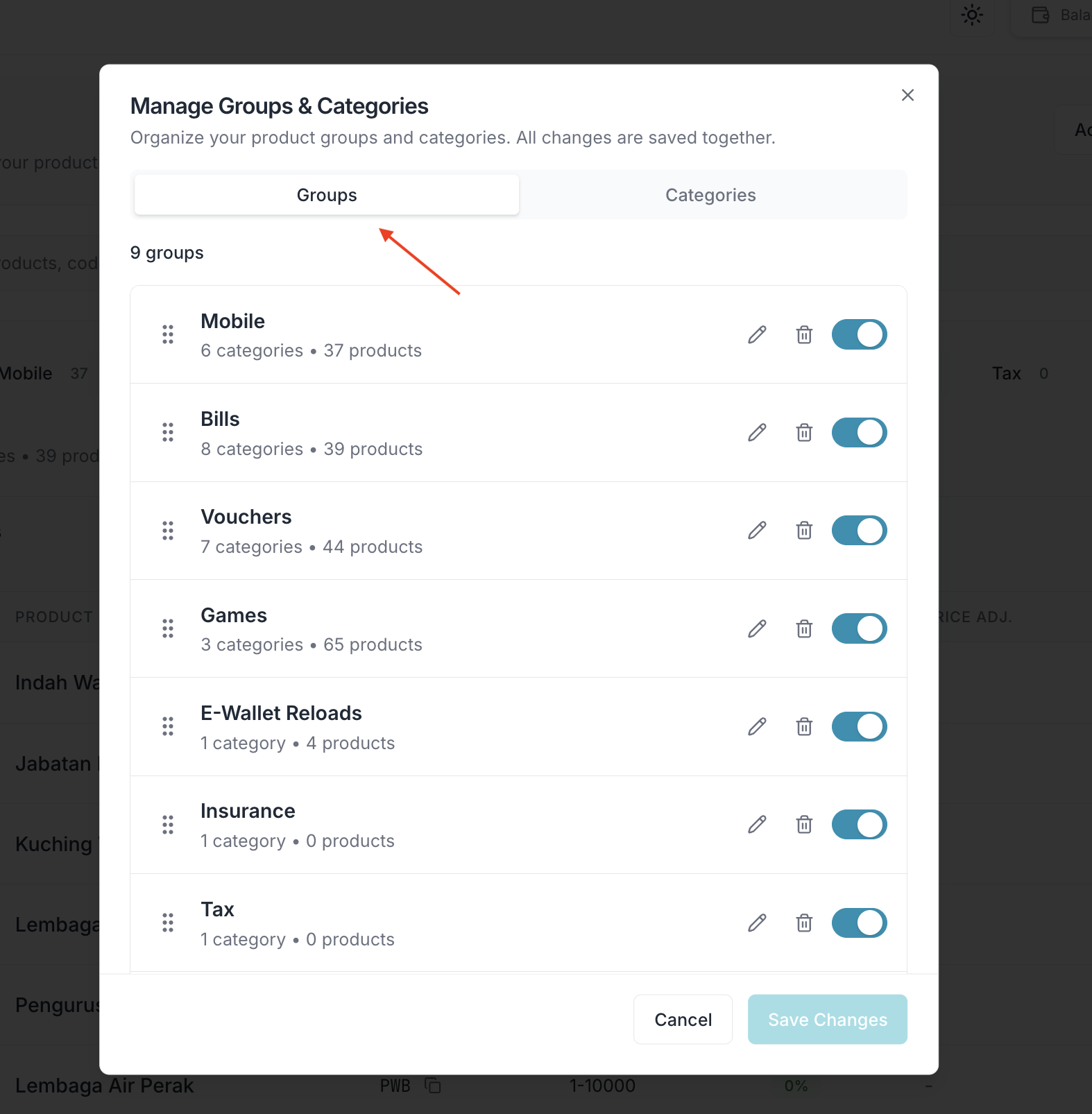 Manage Groups panel showing group list with reorder, create, and delete options