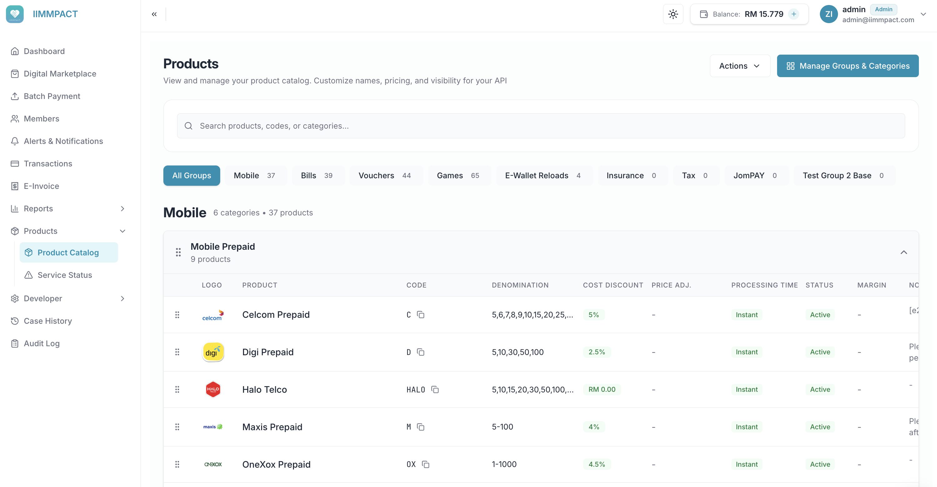 Catalog overview page showing group pills, product grid, and action buttons