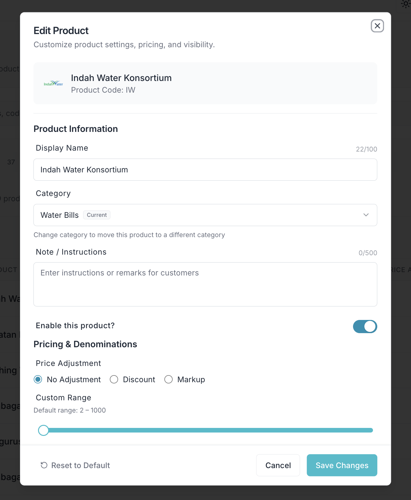 Product edit modal showing visibility toggle and configuration options