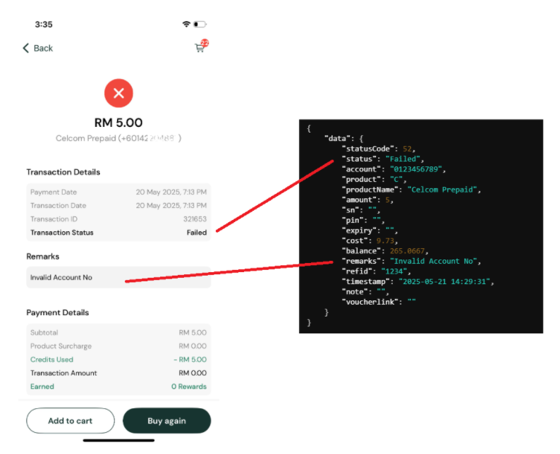 Failed transaction screen showing remarks field with failure reason