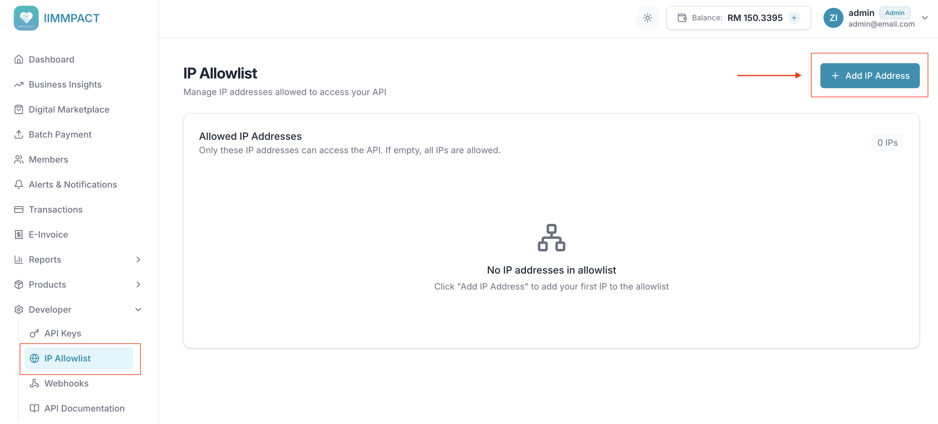 IP Allowlist page with Add button highlighted
