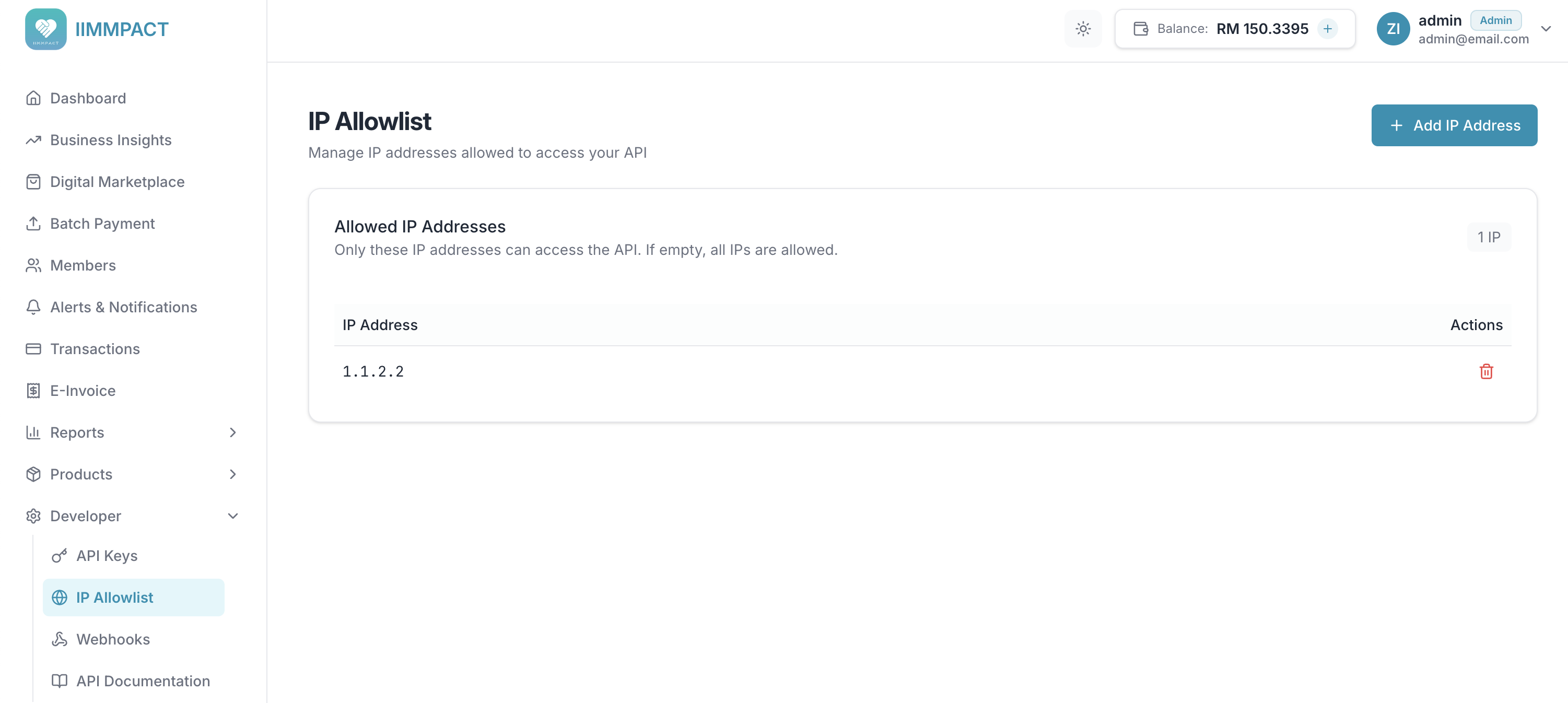 IP Allowlist table showing configured IP addresses