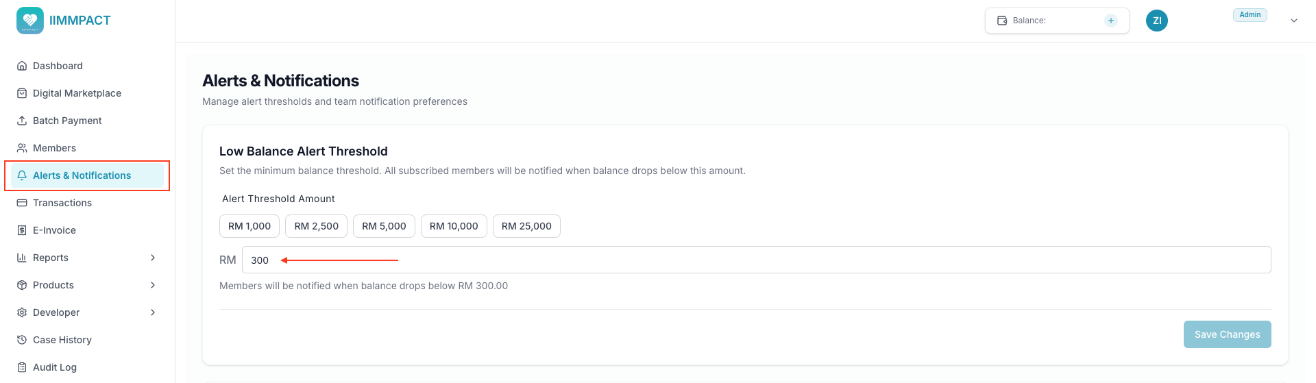 Low Balance Alert Threshold settings with preset amounts and custom input