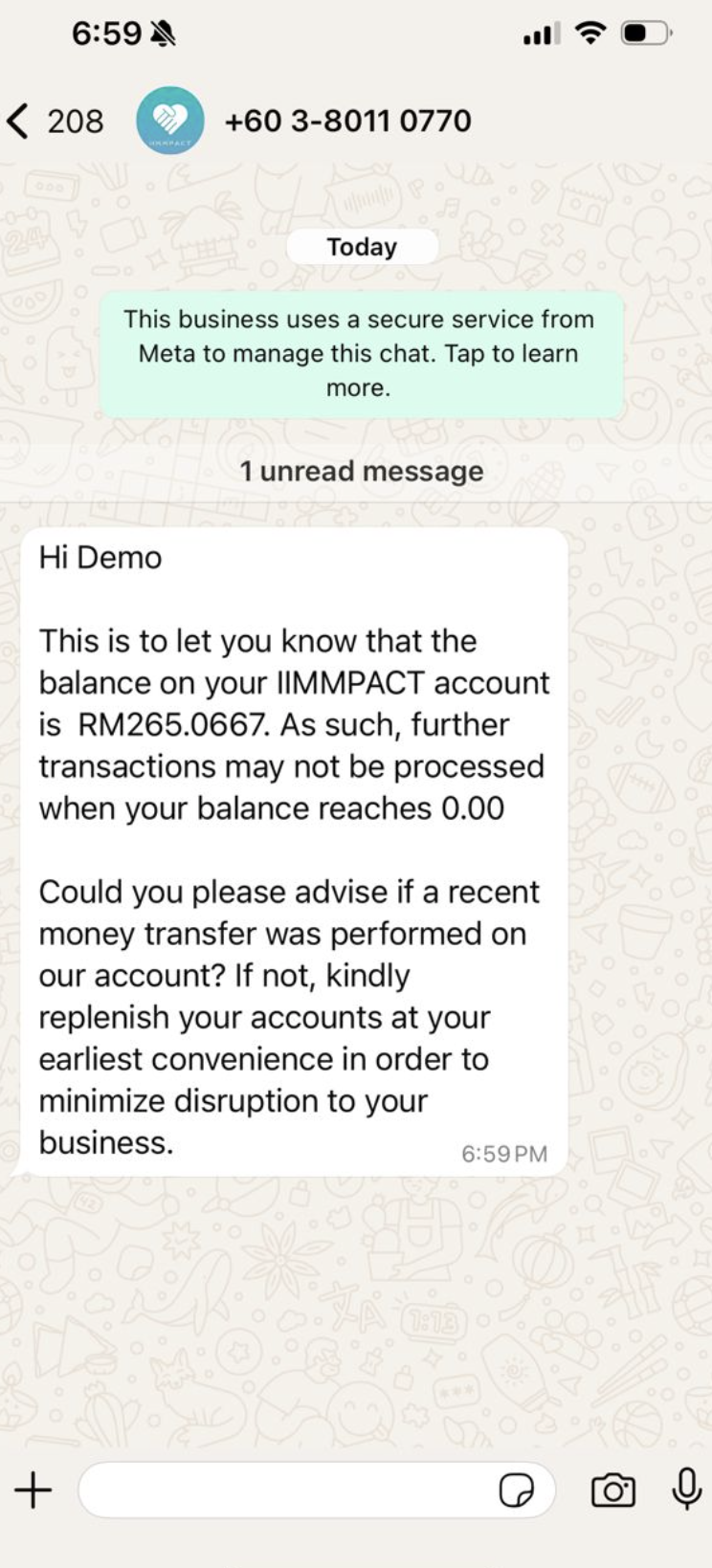 Sample WhatsApp low balance notification message