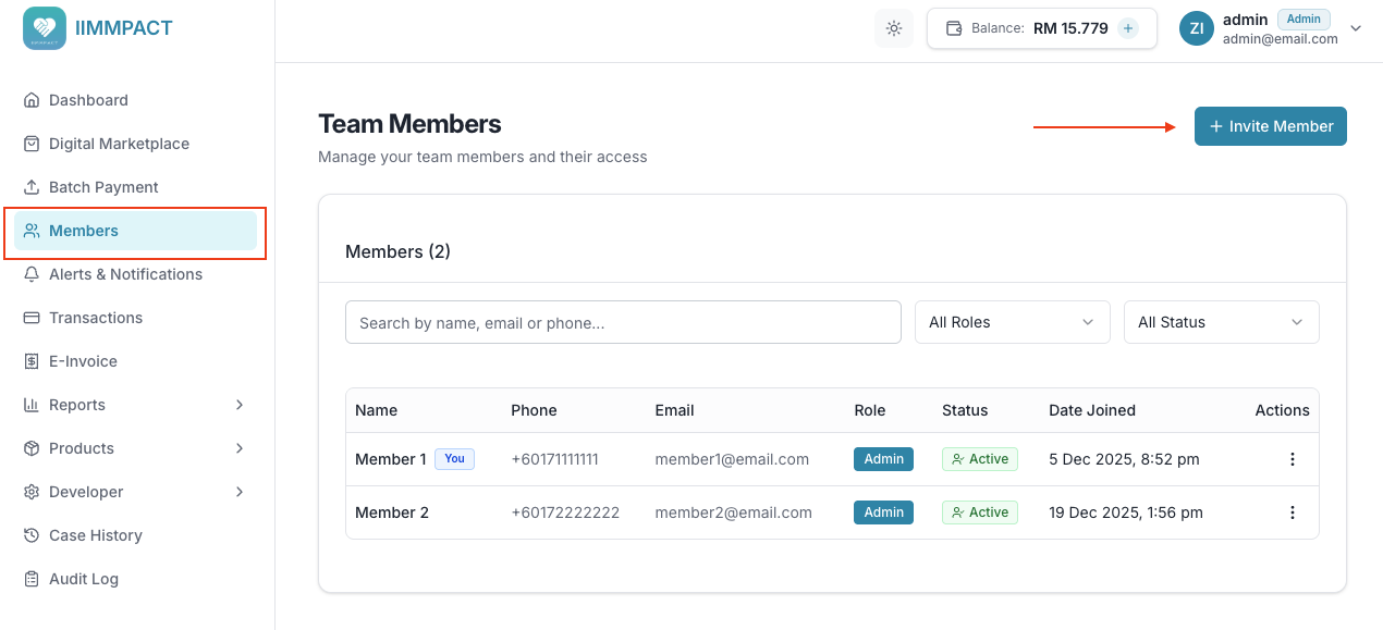 Team Members page showing member list and Invite Member button