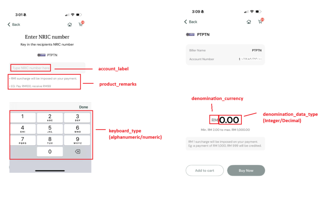 Mobile app showing account_label, keyboard_type, and denomination fields