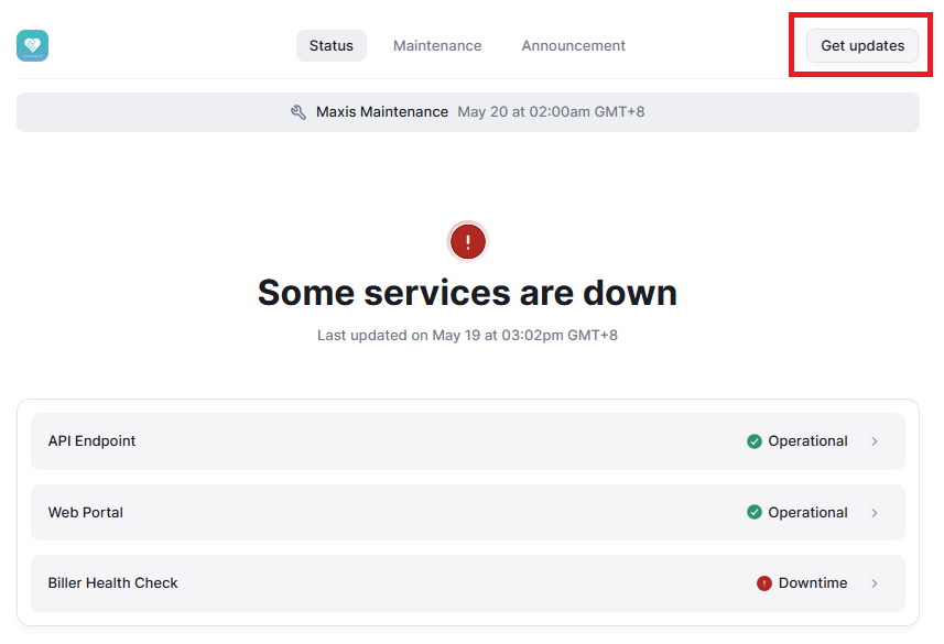 Public status page at status.iimmpact.com with Get updates button
