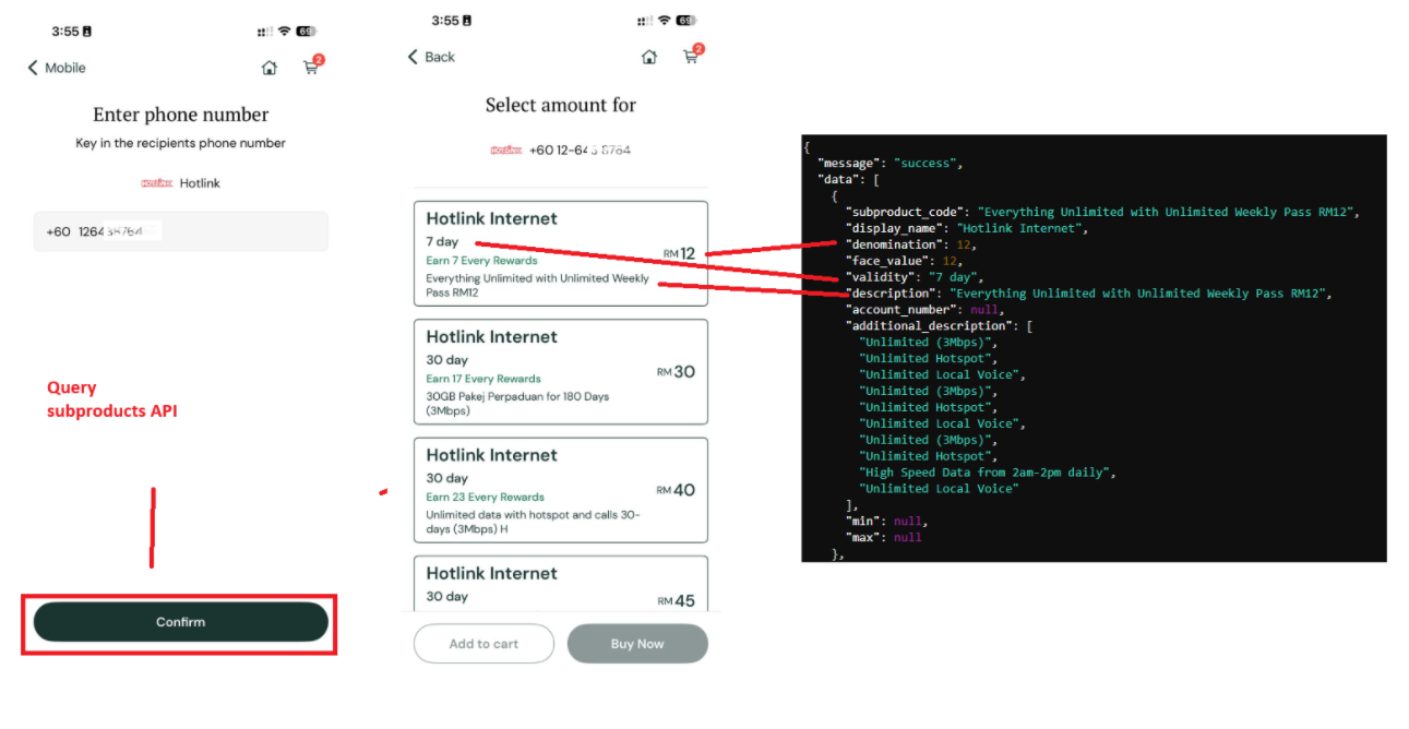 Mobile data plan selection showing personalized plans from API
