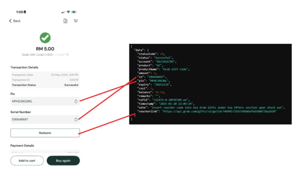 Successful transaction screen showing PIN and Serial Number fields