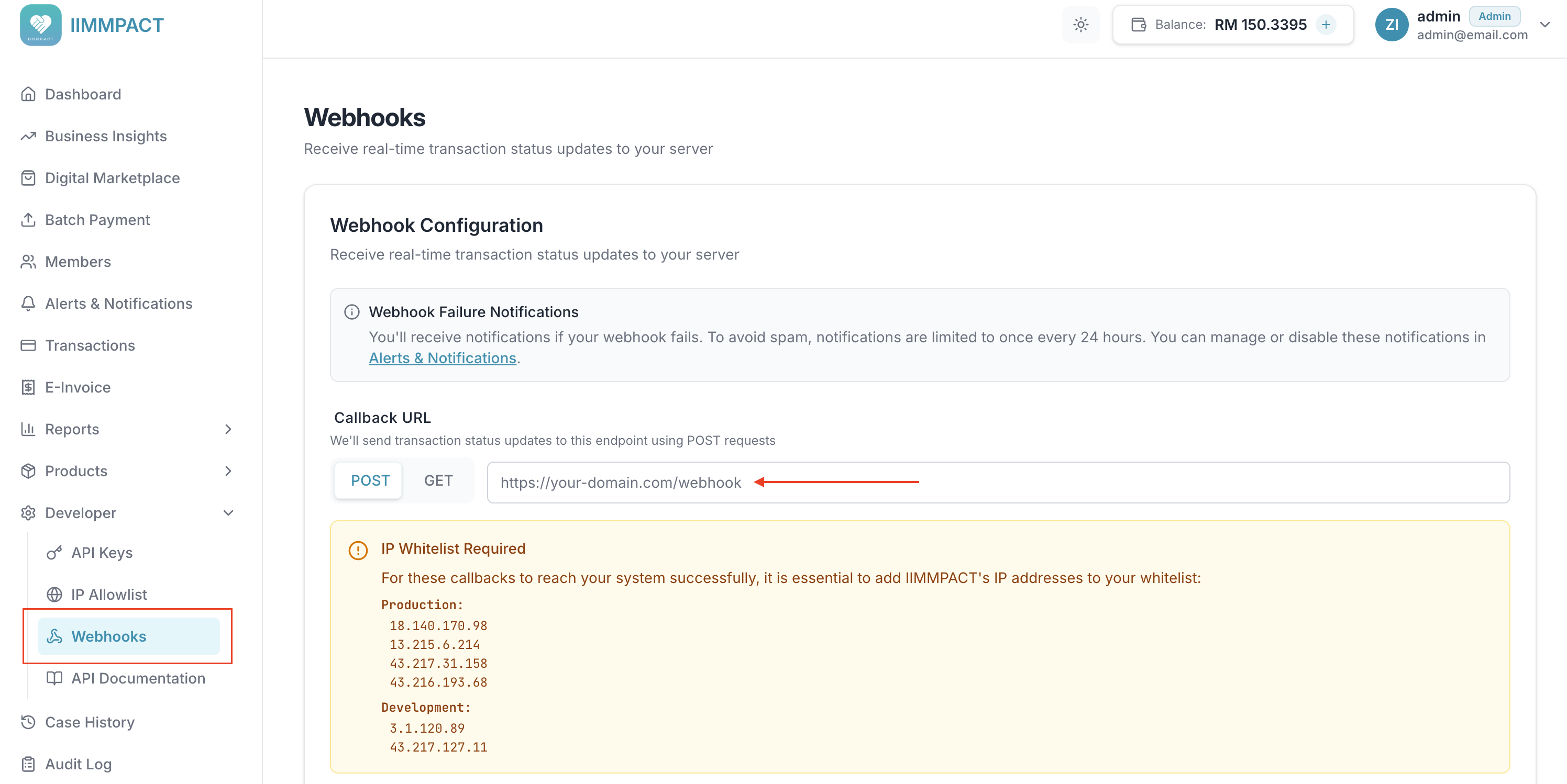 Webhooks page showing Callback URL configuration