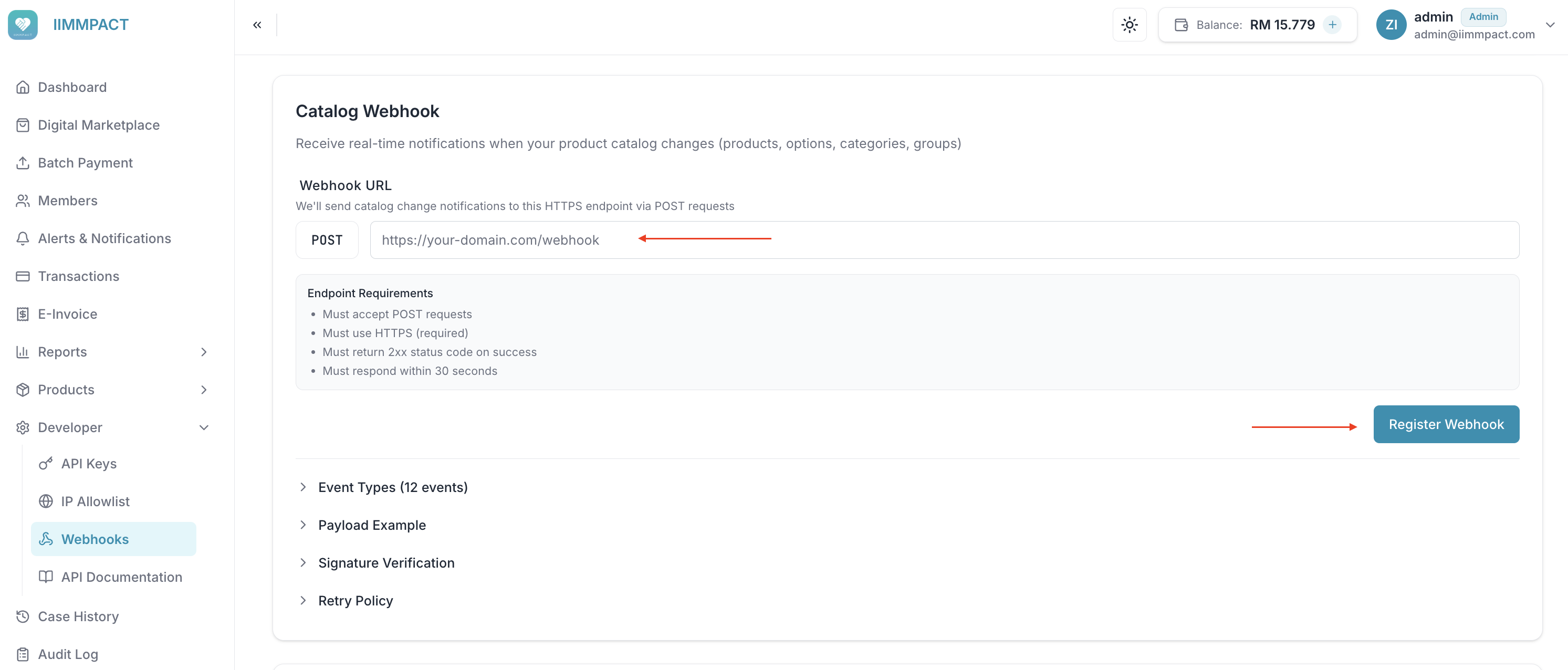 Catalog Webhooks settings page in Dashboard